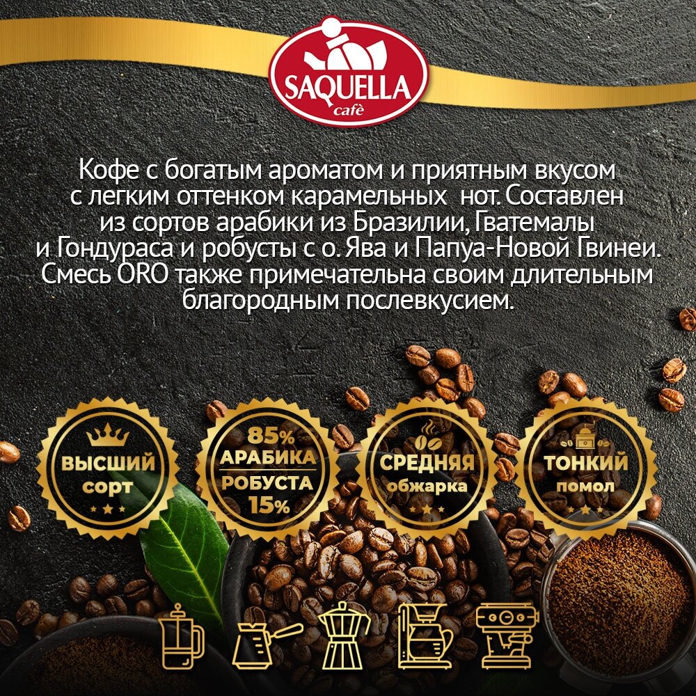 Кофе молотый Saquella Espresso Oro жестяная банка 250 г - фотография № 3