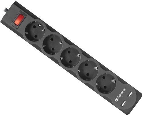 Сетевой фильтр Defender DFS 751 5 евро розеток 2.5кВт зарядка 2 порта USB-A 2.1A - 1.8 м чёрный