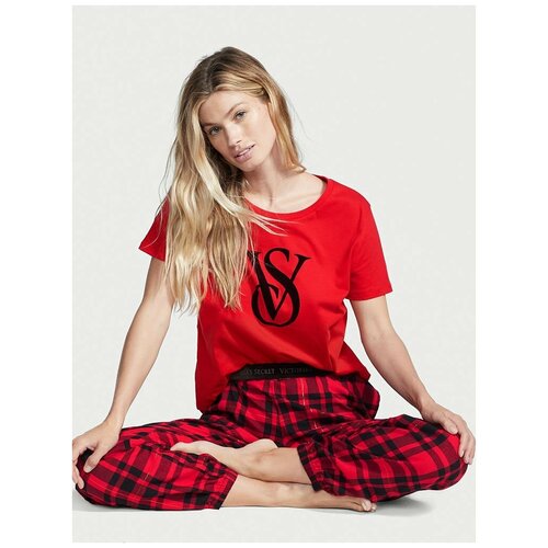 Пижама VICTORIA'S SECRET L красная футболка с лого и брюки в красно-черную клетку Flannel Jogger Tee-jama