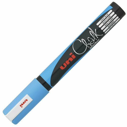 Маркер меловой UNI Chalk, 1,8-2,5 мм, голубой, влагостираемый, для гладких поверхностей, PWE-5M L.BLUE, 152498