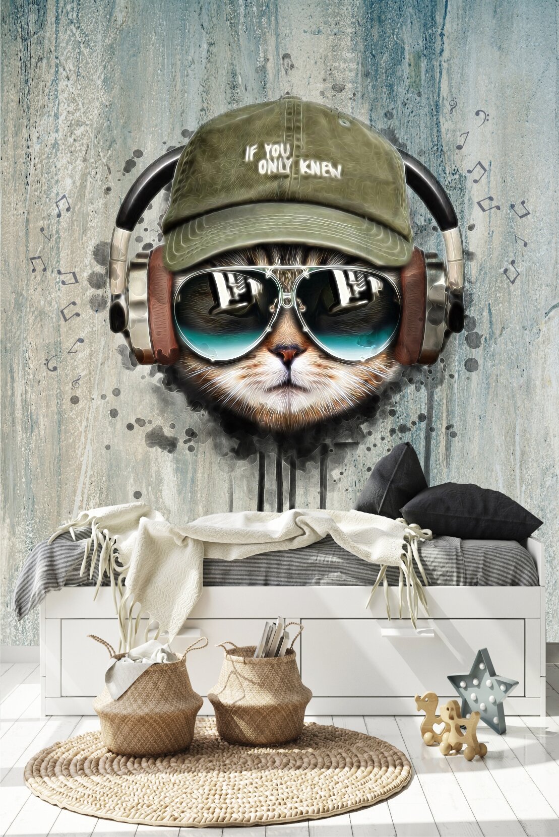 Фотообои "Кот в очках и наушниках" 200*260 см. /Флизелиновые фотообои на стену