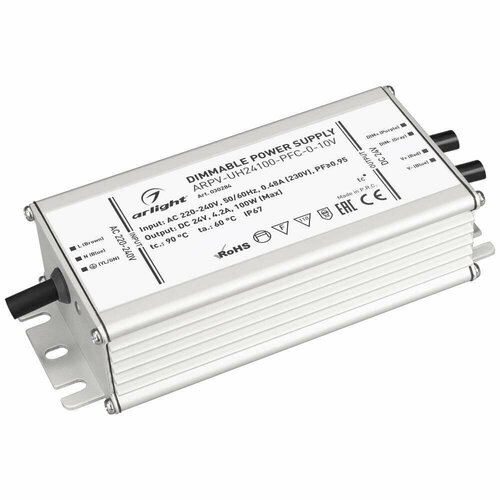 Arlight Блок питания Arlight ARPV-UH24100-PFC-0-10V 24V 100W IP67 4,2A 030284 блок питания arpv uh24100 pfc 0 10v 24v 4 2a 100w arlight ip67 металл 7 лет артикул 030284