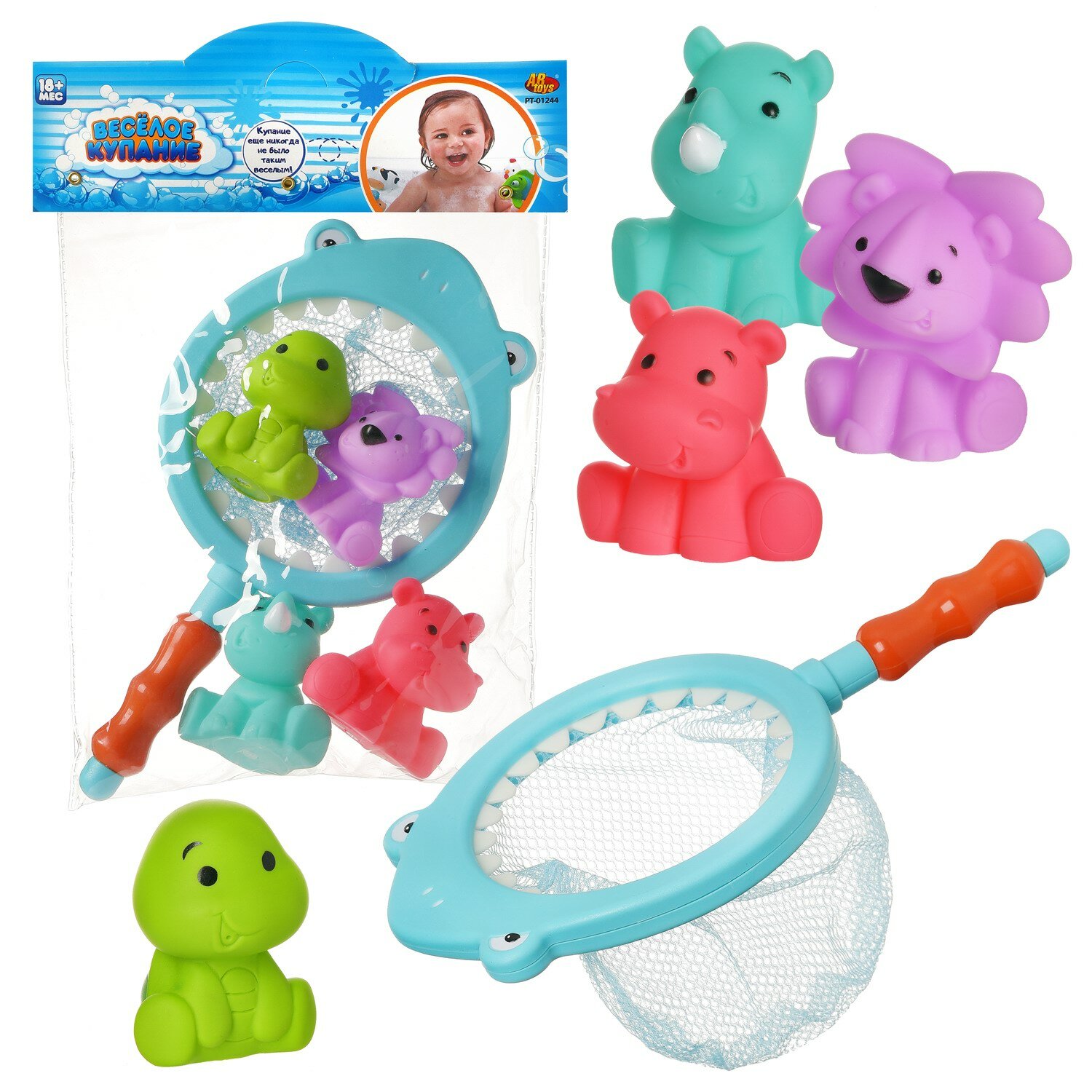 Набор игрушек для ванной ABtoys Веселое купание Зверюшки для ванны, 4шт и сачок-акула PT-01244