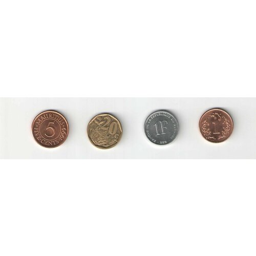 Монеты 4шт, 1, 5, 20 центов Зимбабве, Маврикий, ЮАР и 1 франк Бурунди 1997-2012