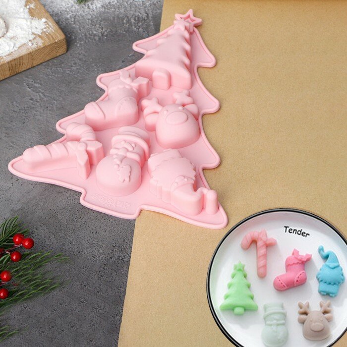 Форма силиконовая для выпечки Доляна «Новогоднее настроение», 23×19×2,5 см, 6 ячеек, цвет розовый (арт. 9603695)