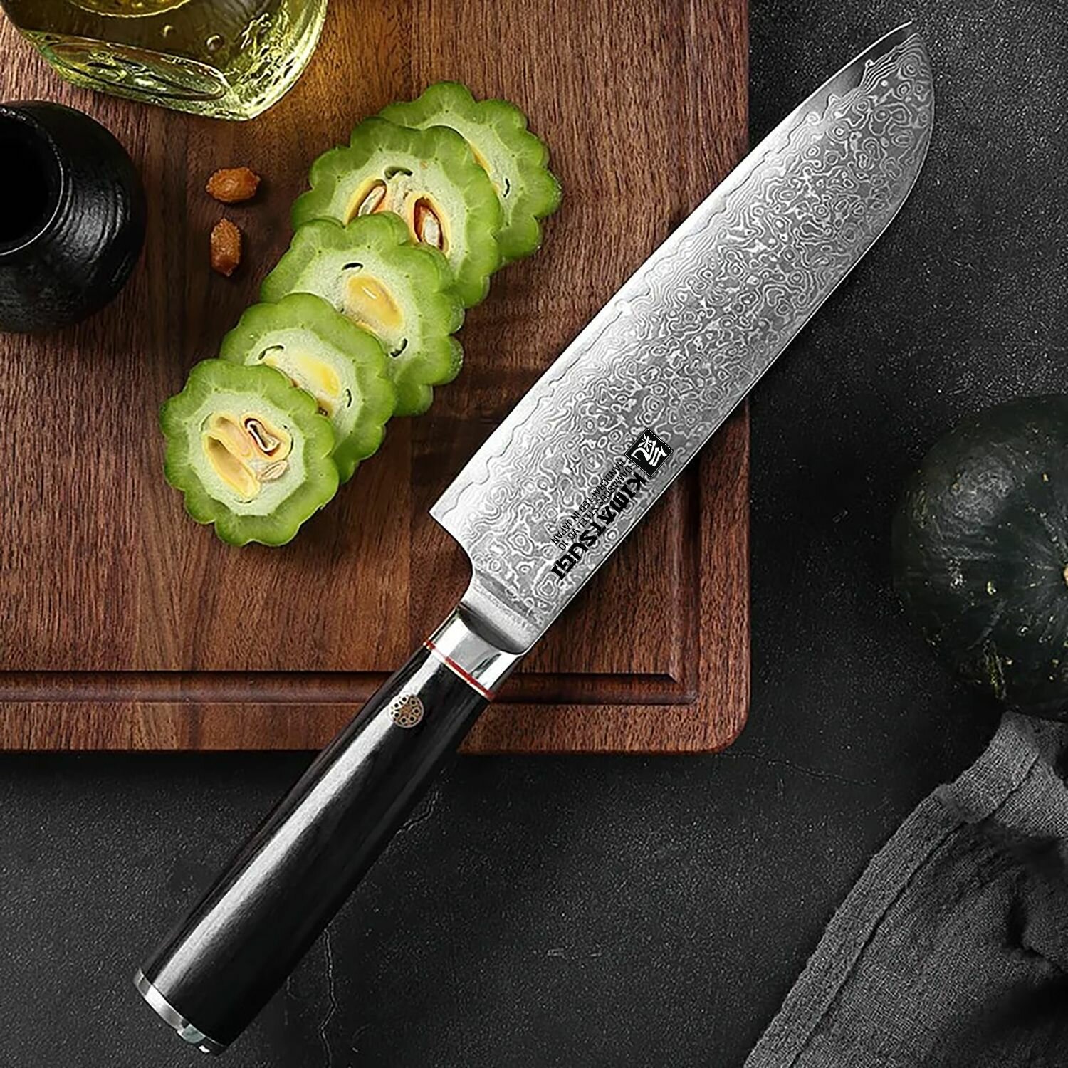 Kimatsugi / Японский кухонный поварской нож Сантоку Damascus #115. Настоящая дамасская сталь 67 слоев. VG-10 в обкладках. В подарочной коробке