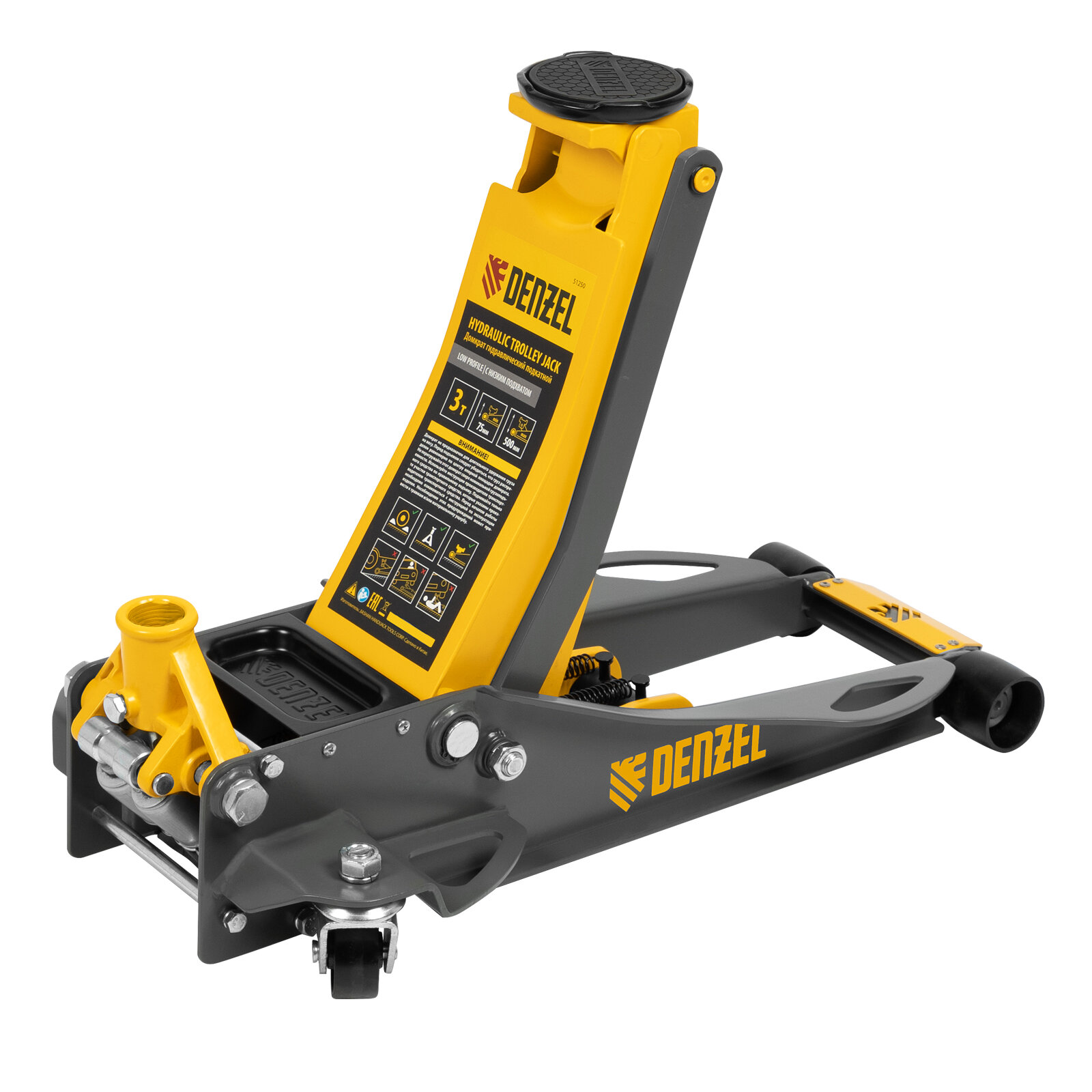 фото Домкрат гидравлический подкатной Denzel 3 т, 75-500 мм, быстрый подъем, низкий подхват, проф. 51250