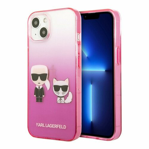 Чехол Karl Lagerfeld пластиковый для iPhone 13, Karl & Choupette розовый градиент