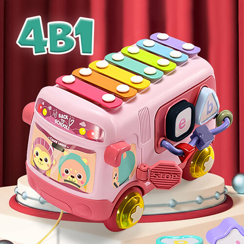 Развивающая музыкальная игрушка для малышей WiMi с металлическим ксилофоном Детский сортер Монтессори - Бизиборд 4в1 в виде машинки розовый 1315₽