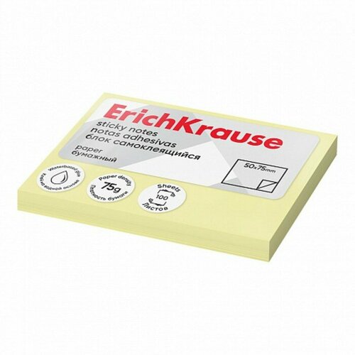 Блок с липким краем бумажный 75х50 мм ErichKrause 100 листов желтый 281₽