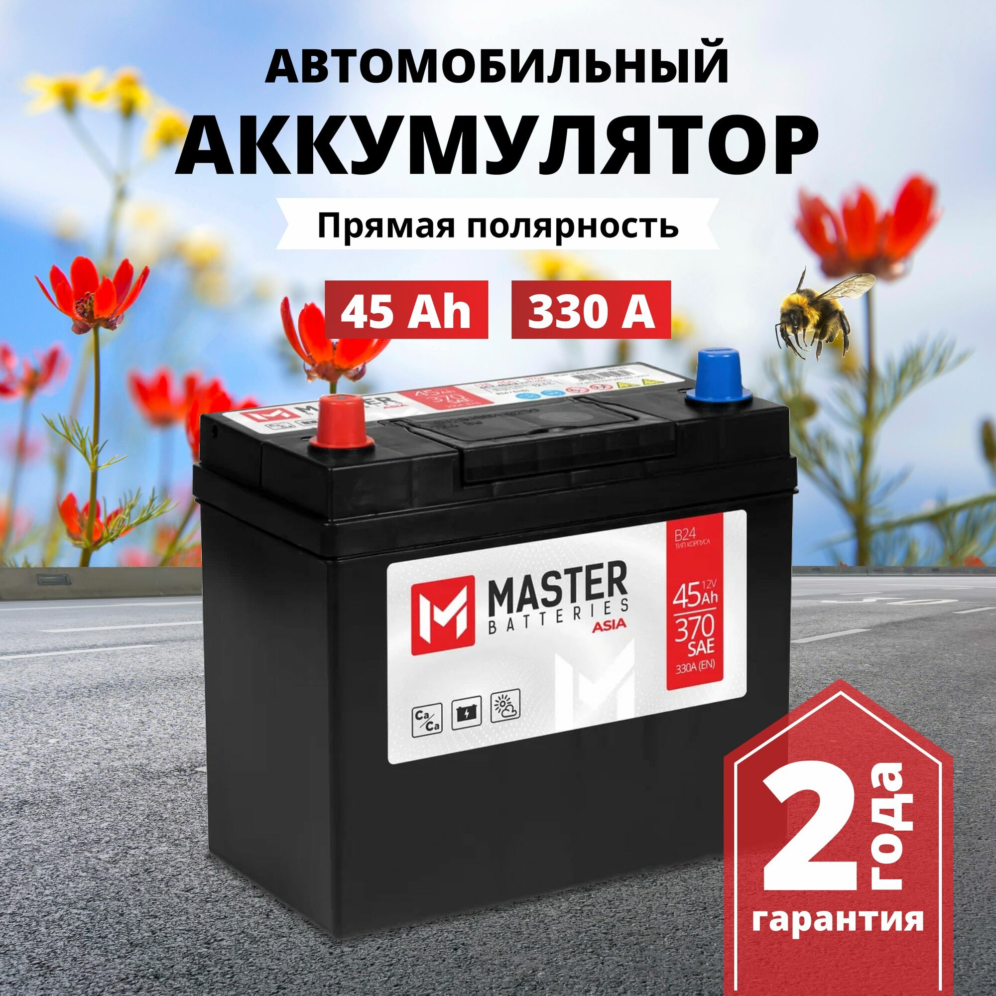 Аккумулятор автомобильный MASTER BATTERIES Asia 45 Ah 330 A прямая полярность 237x127x225