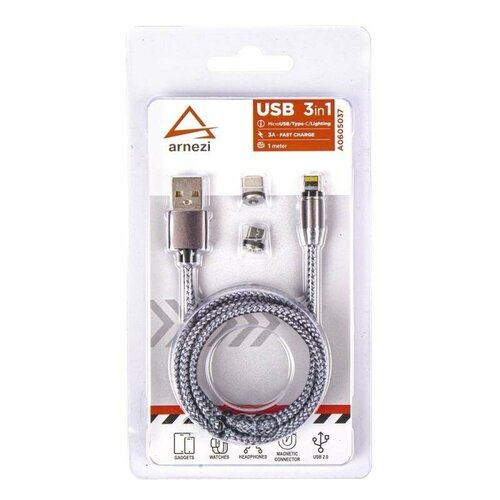 Дата-кабель зарядный 3в1 USB - MicroType CLightning (1 м, 3А) магнитный коннектор, c подсветкой EAN-13: 4610102710521