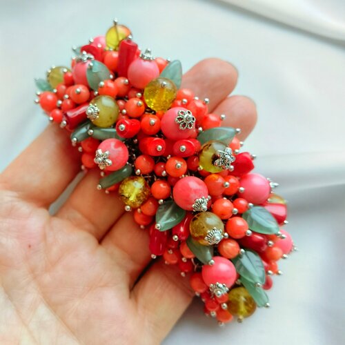 Браслет Камни Елены, нефрит, коралл, янтарь, размер 20 см, размер L