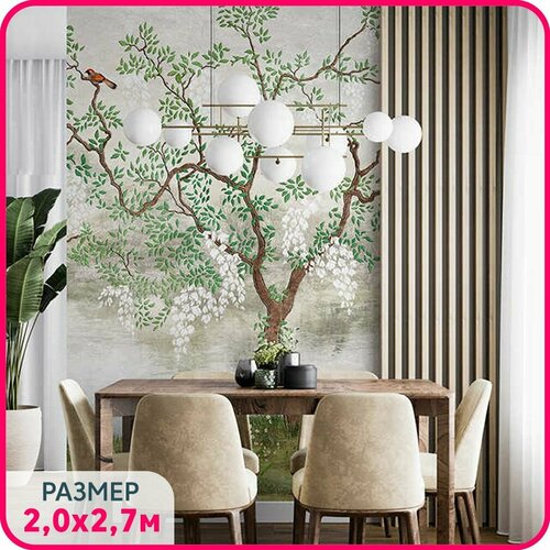 Фотообои на стену флизелиновые MOBI DECOR Японский сад в спальню, в гостиную или на кухню 200x270 см. бисерное дерево сакура