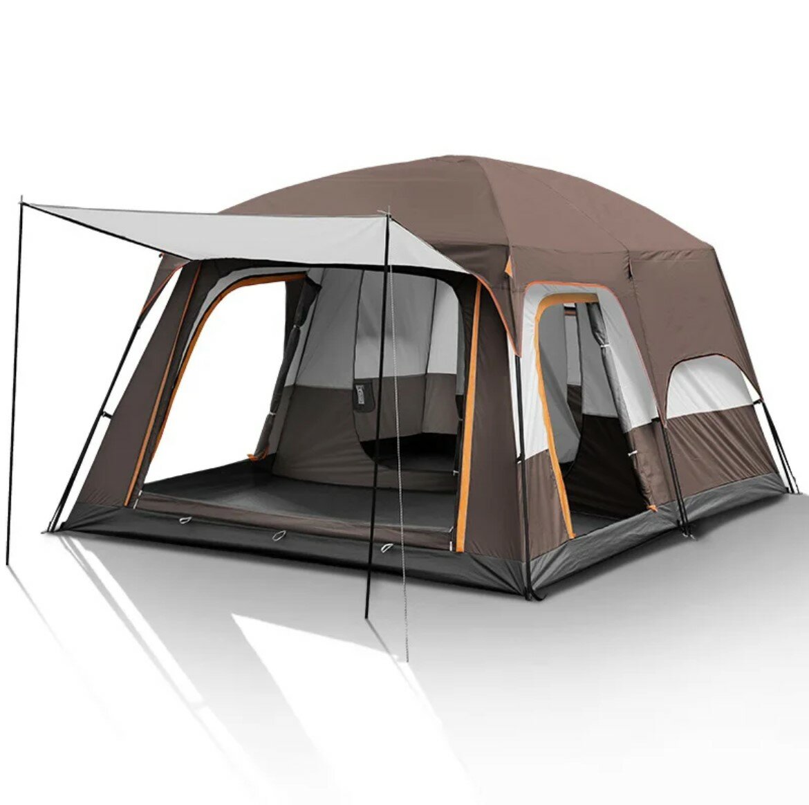 Двухместная туристическая быстросборная палатка с тремя входами и одним тамбуром, коричневая