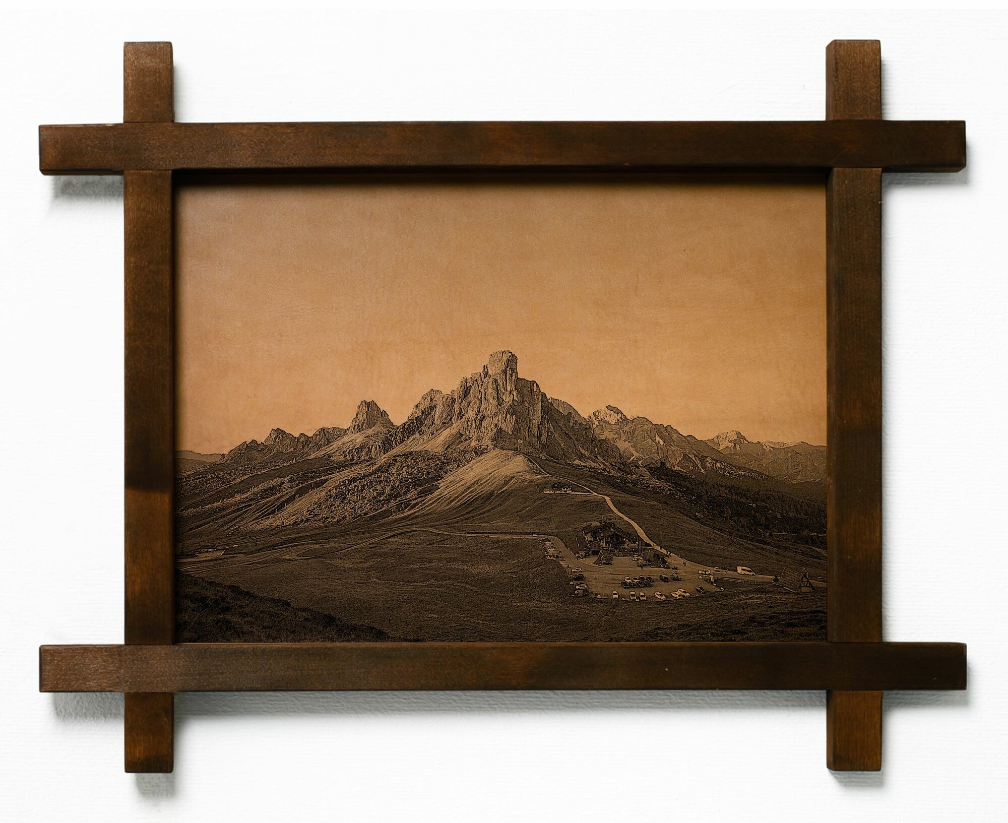 Картина "Горная остановка", гравировка на натуральной коже, интерьерная для украшения и декора на стену в деревянной раме, подарок, BoomGift
