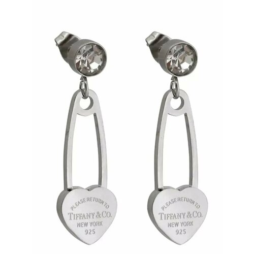 Серьги пусеты Stainless steel, циркон, кристалл, размер 31 мм, серебряный, серый