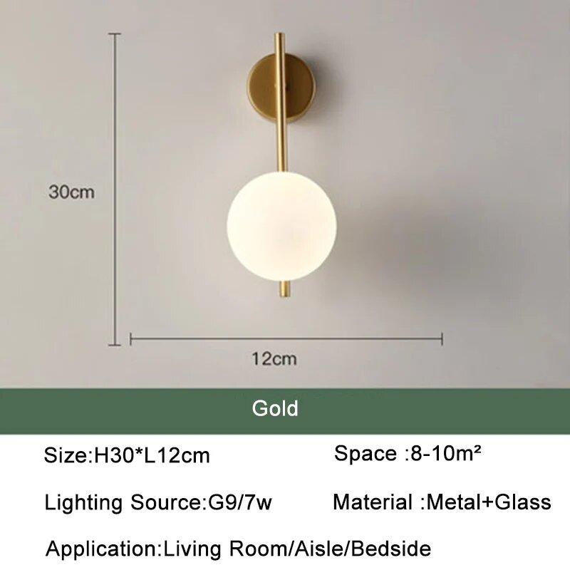 NIRLTENG Настенный светильник Nordic Glass Ball 7Вт 220V Cool White A Gold 7w 30cm