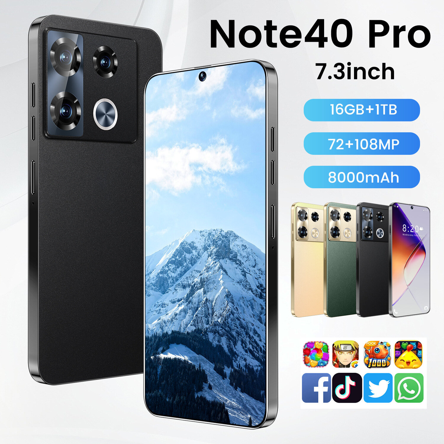 Смартфон Note40 Pro 16+1TB Русский 4G 5G Android Игровой подарок Стильный недорогой мобильный телефон чёрный