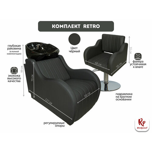 фото Парикмахерский комплект retro с черной раковиной и кресло на круглом основании redpouf