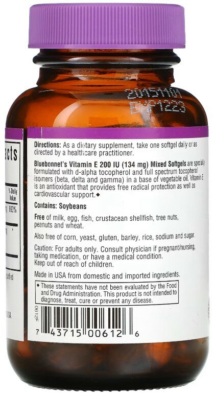 Омега-3 Bluebonnet Nutrition, витамин Е, лучшая поддержка для сердца и кожи, 200 ME, 100 гелевых капсул