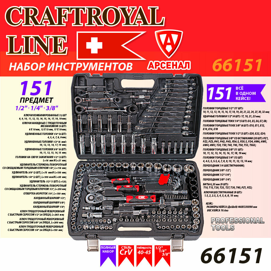 Набор инструментов 151 предмет CRAFTROYAL (1/2" 1/4" 3/8" головки торцевые, ключи трещоточные, биты, шестигранники), 66151 — фото 1