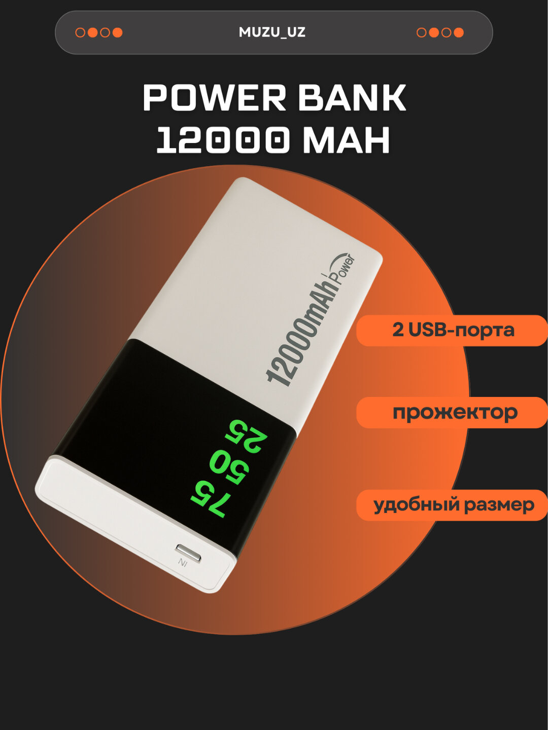 Внешний аккумулятор Power Bank, 12000mAh, LCD дисплей, быстрая зарядка, 2 порта USB
