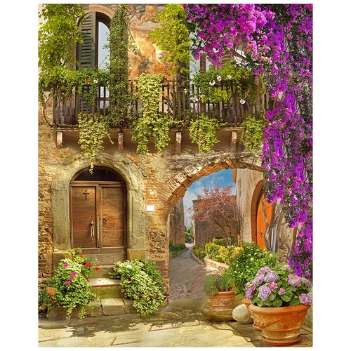 Фотообои Уютная стена Дворик в старом городе с цветами 220х270 см Бесшовные Премиум (единым полотном)