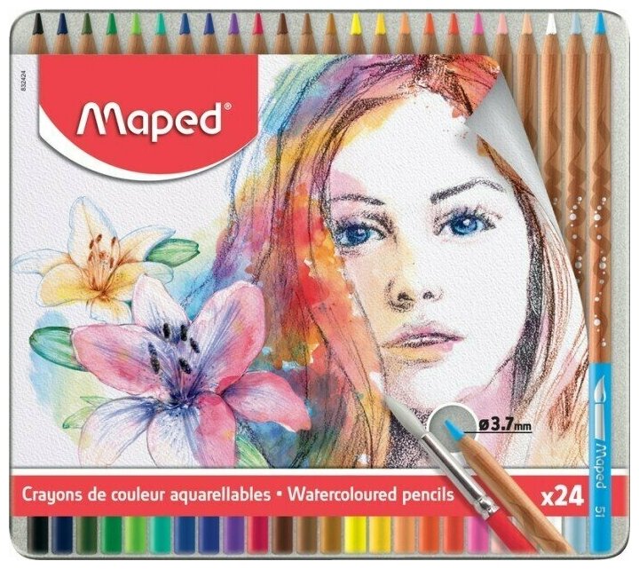 Карандаши цветные MAPED ARTIST акварельные, 24цв+кисточка, металл. Футляр