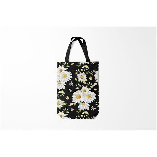 фото Сумка-шоппер / 31х42 см / девушкам / цветочки и бабочки ромашки на черном фоне burnettie
