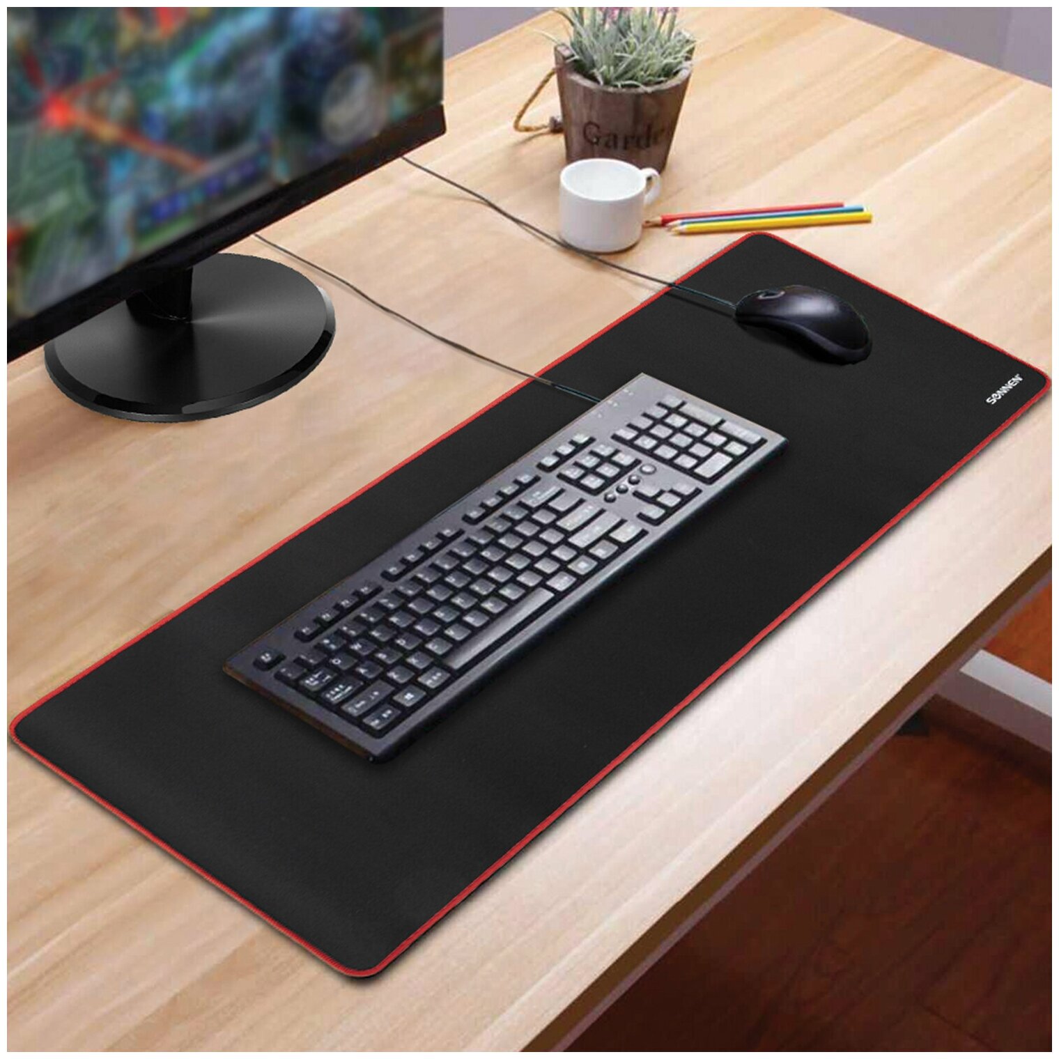 Коврик компьютерный для мыши и клавиатуры большой SONNEN "BLACK TITAN XL" 800x300x3 мм черный 513615
