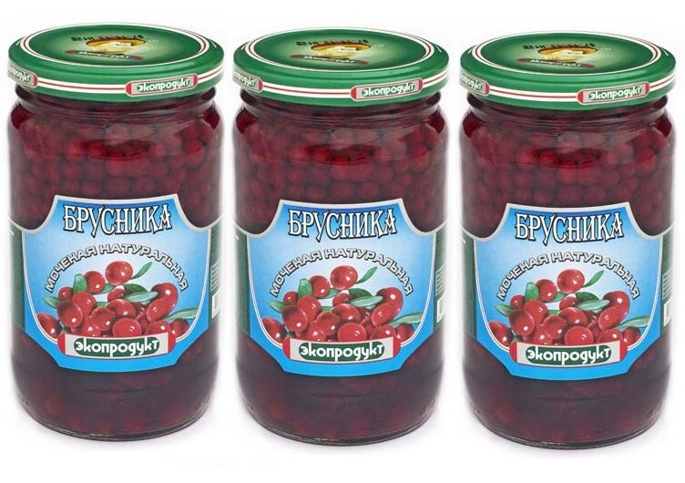 Брусника натуральная моченая "Экопродукт", 3 банки по 340 грамм