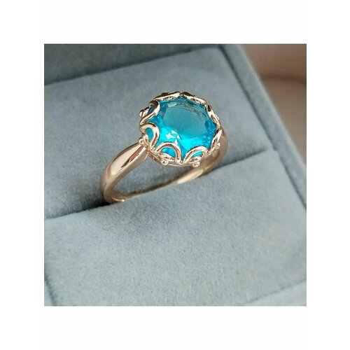 Кольцо, бижутерный сплав, искусственный камень, циркон, размер 19, золотой, голубой