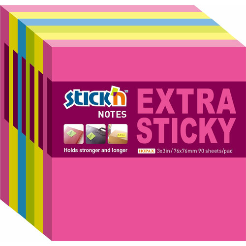 Блок самоклеящийся бумажный Stick`n Extra Sticky 21679 76x76мм 90лист. 70г/м2 неон ассорти (упак:6шт) (36 шт. в упаковке)