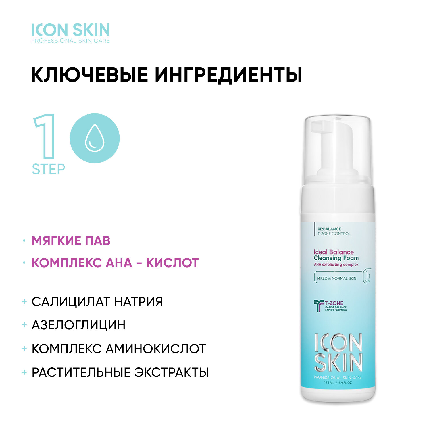 ICON SKIN / Пенка очищающая для умывания IDEAL BALANCE с AHA+BHA кислотами, 175 мл