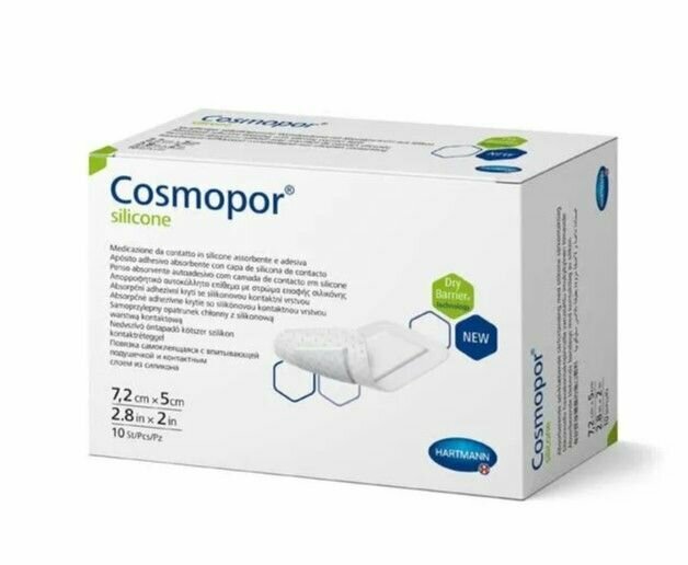 Повязка на раны и ссадины Cosmopor силикон, размер 7,2*5см 10 шт.