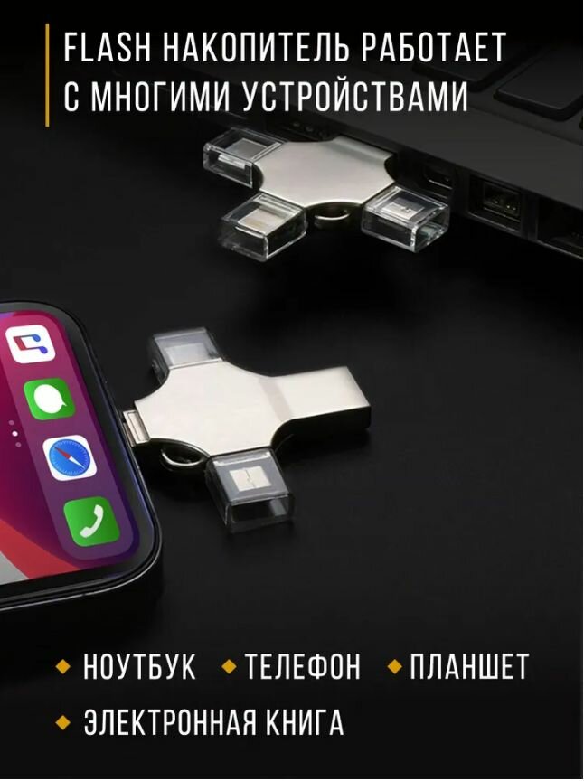 2 ТБ для телефона флеш-накопитель, Apple Lightning, micro USB, Type-C. Флэшка 2TB, металлический, ударопрочный — фото 1