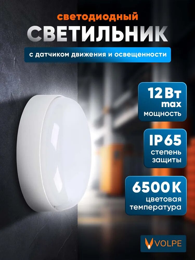 Светильник потолочный светодиодный влагозащищенный с датчиком освещенности и движения 12 Вт 6500К IP65 Volpe