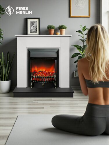 Изображение товара Камин электрический декоративный с обогревом напольный Fires Merlin Флора черно белый с очагом Фобос