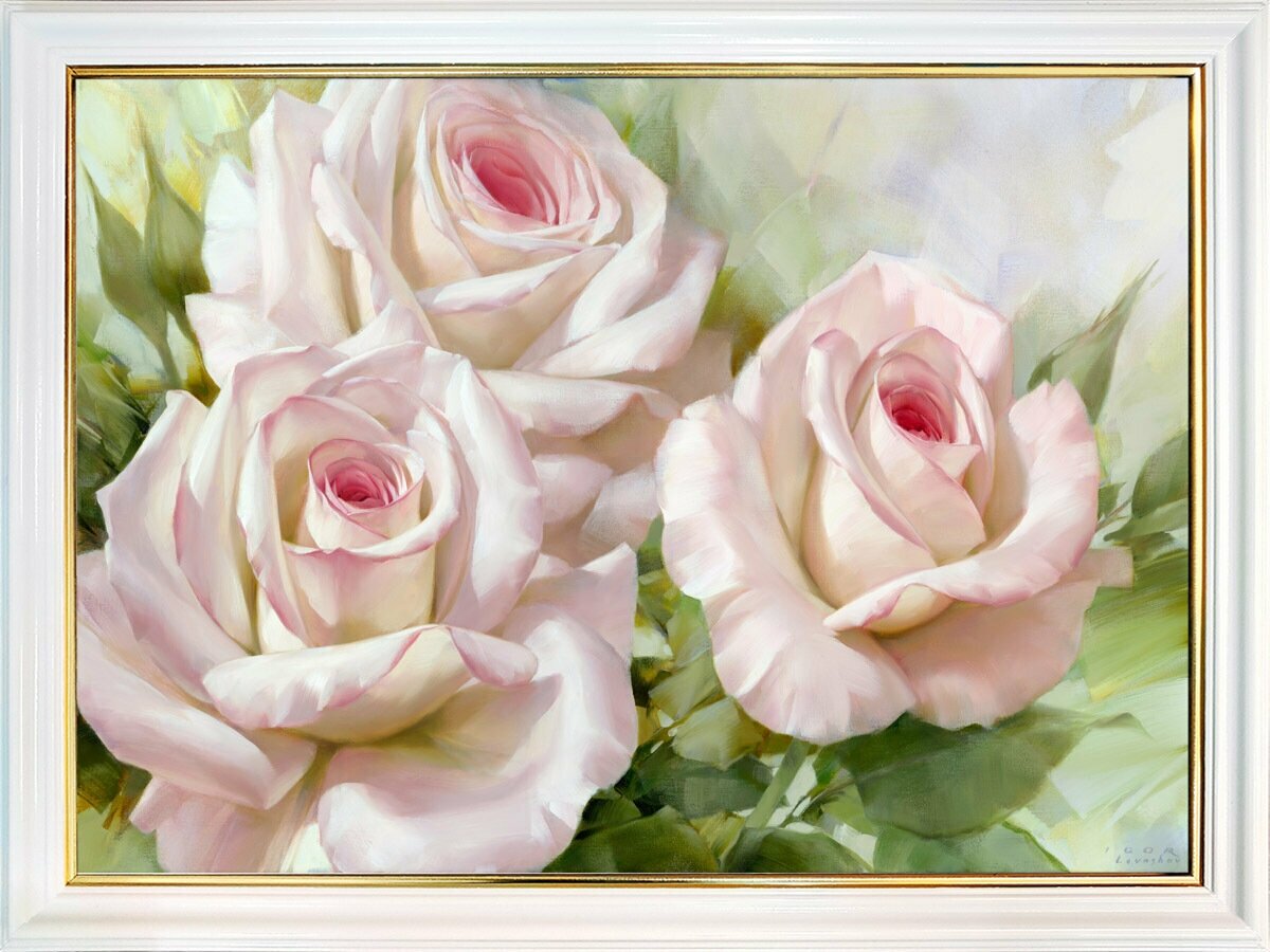 Картина "Бело-розовые розы" 30х40 см, художник - Левашов И. Арт. ЛИ3-30х40