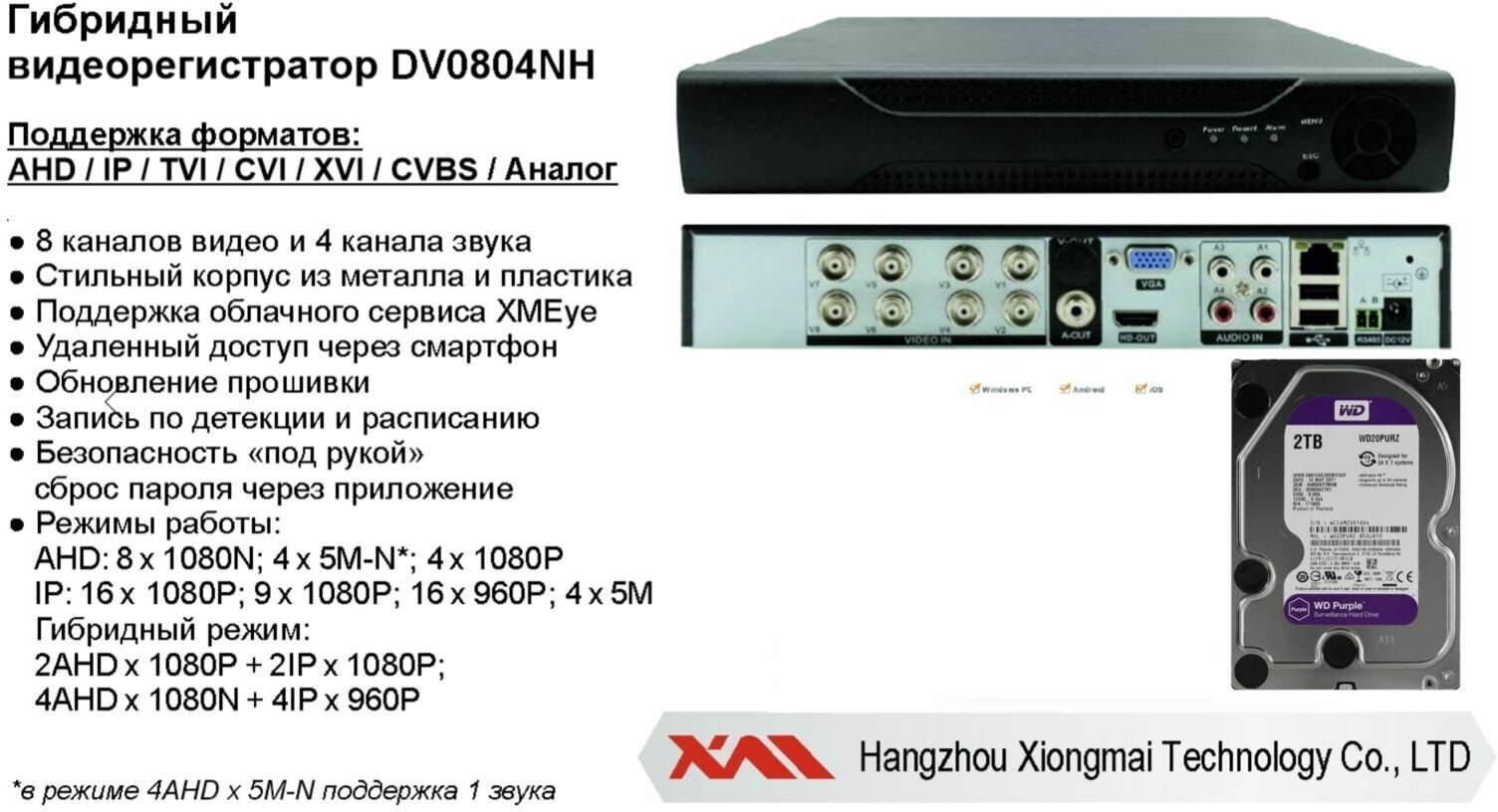 Видеорегистратор видеонаблюдения на 8 камер до 2мП (HDD2Tb)