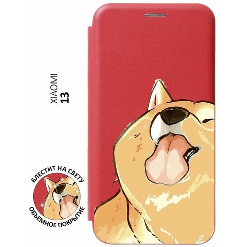 Чехол-книжка на Xiaomi 13, Сяоми 13 с 3D принтом Shiba красный чехол книжка на xiaomi 13 сяоми 13 с 3d принтом magic rhombs красный