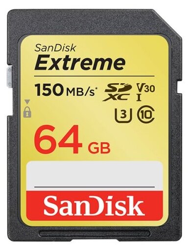 Карта памяти SanDisk SDXC 64 ГБ Extreme Class 10, V30, UHS-I, R/W 150/60 МБ/с