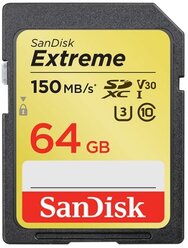 Карта памяти SanDisk Extreme SDXC Class 10 UHS Class 3 V30 150MB/s 64 GB, чтение: 150 MB/s, запись: 60 MB/s