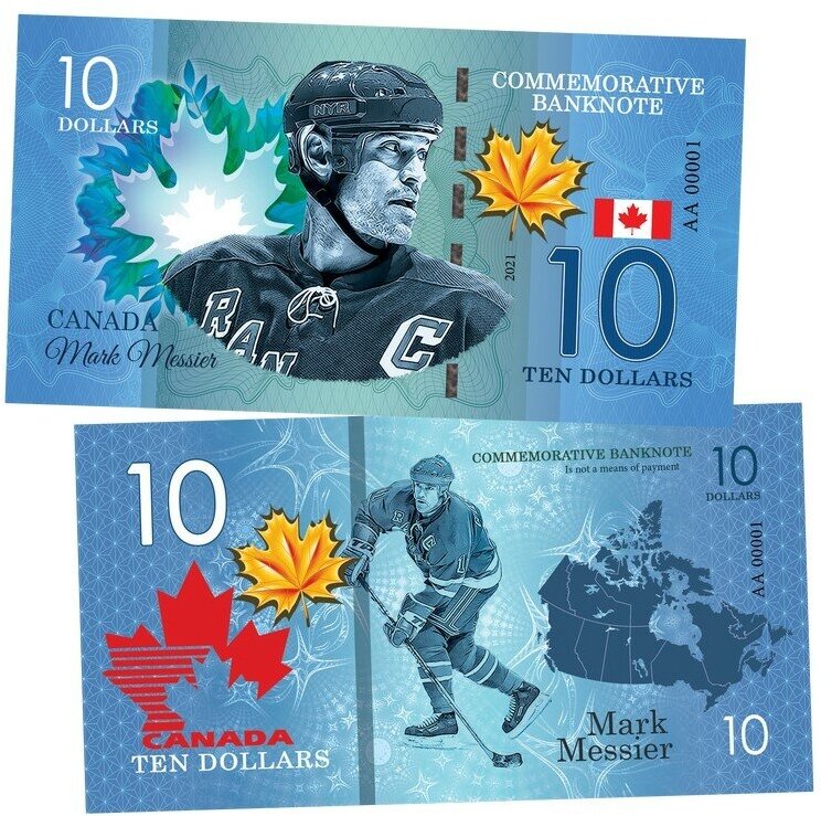 10 dollars Canada - Mark Messier (Марк Мессье). Легенды хоккея (Canadian Hockey Legends). Памятная банкнота . UNC