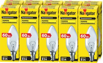 Лампа накаливания Navigator 94 304 NI-B, 60 Вт, свеча, Е14, упаковка 10 шт.