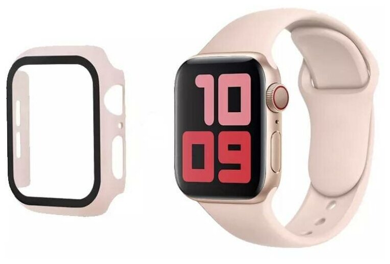 Чехол для Apple Watch 42mm со стеклом + силиконовый ремешок светло-розовый