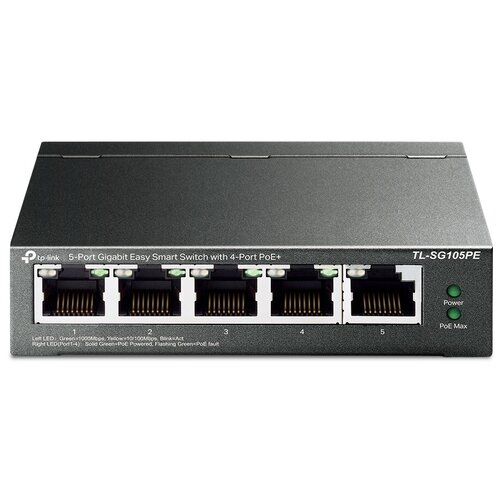 Сетевой коммутатор TP-LINK TL-SG105PE (Easy Smart Gigabit 5-port switch with 4 PoE + ports, metal case, desktop installation, PoE budget-65W, 802.1 q VLAN support)