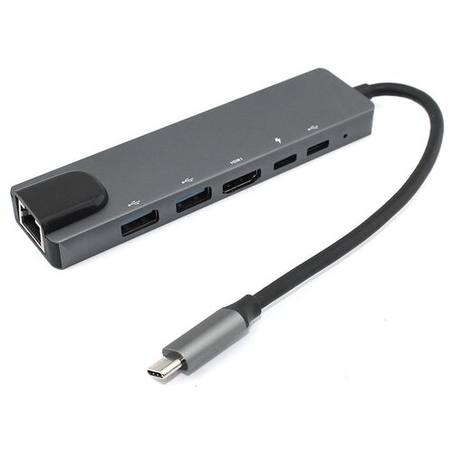 Адаптер Type-C на HDMI, USB 3.0x2 + RJ45 + Type-Cx2, серый адаптер type c на hdmi usb 3 0 rj45 серебристый