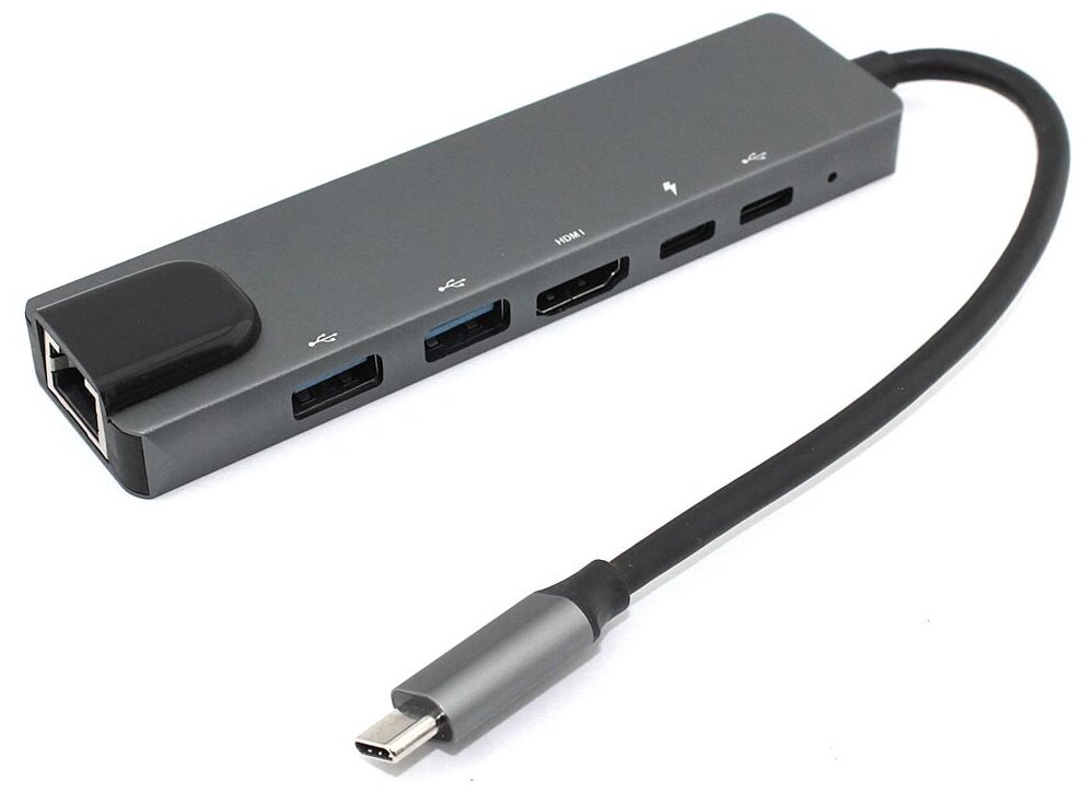 Адаптер Type C на HDMI, USB 3.0*2 + RJ45 + Type C*2 серый